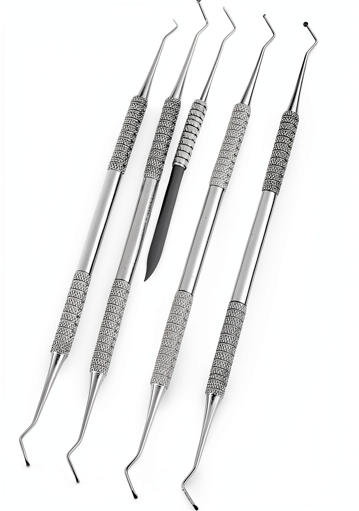 Installing G.S Spoon Excavators Set of 4 Sizes for Decay Removal Dental Lab Tools on a wooden desk